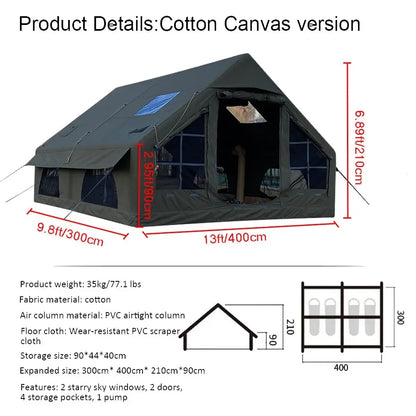 129 SqFT Inflatable Tent ,8-10 Person Blow Up Tent with Stove Jack Hole,4 Season Waterproof Camping Tent Large Pop-Up Tents