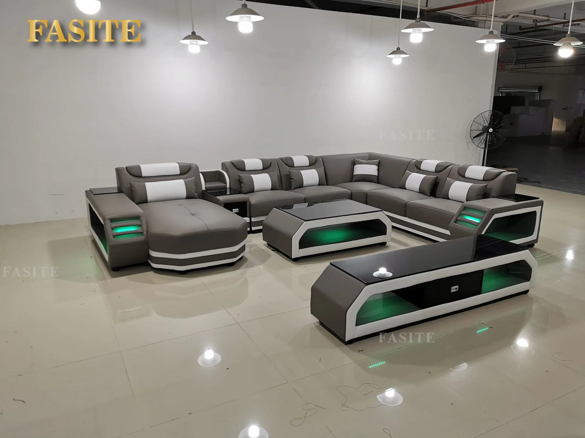 Luxury Italy Design Sectional Sofa Bed Modern LED Living Room Furniture Genuine Leather Sofas Sets