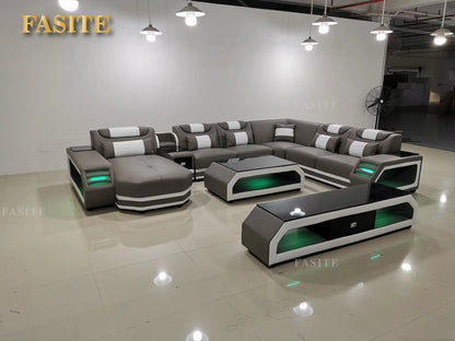 Luxury Italy Design Sectional Sofa Bed Modern LED Living Room Furniture Genuine Leather Sofas Sets
