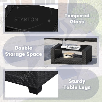 7-piece outdoor patio set, rattan chairs, glass table, wicker sectional for conversation seating