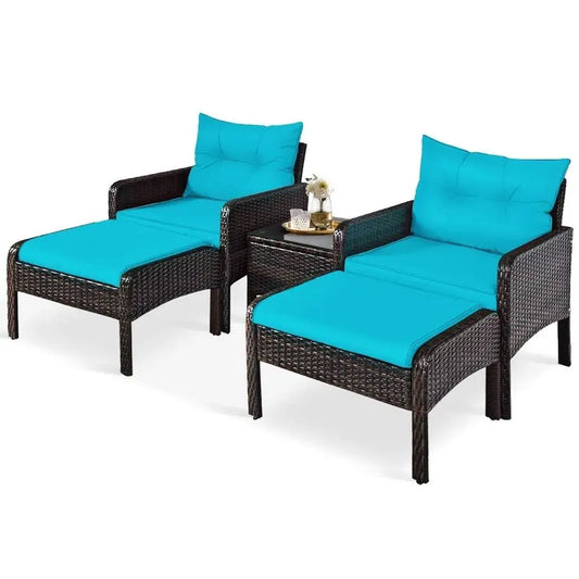 5Pieces Patio Furniture Set Outdoor Rattan Wicker Conversation Set with Coffee Table Cushioned Sofas and Ottoman Chat Set for G