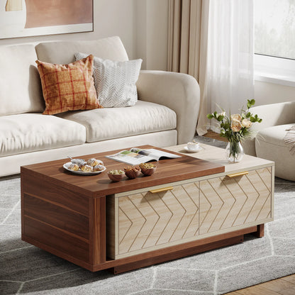 Tribesigns Extendable Coffee Table, 42"-65" Length Adjustable Reversible Wood Coffee Table with 2 Storage Drawers