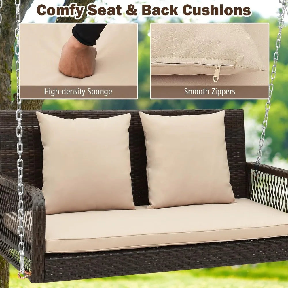 Porch Swing Outdoor 2-Person Hanging Bench Chair with Seat & Back Cushions, Heavy-Duty Metal Structure & 2 Hanging Ch