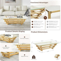 Rectangular Modern Gold Coffee Table with Tempered Glass Top and Stainless Steel Legs for Living Room