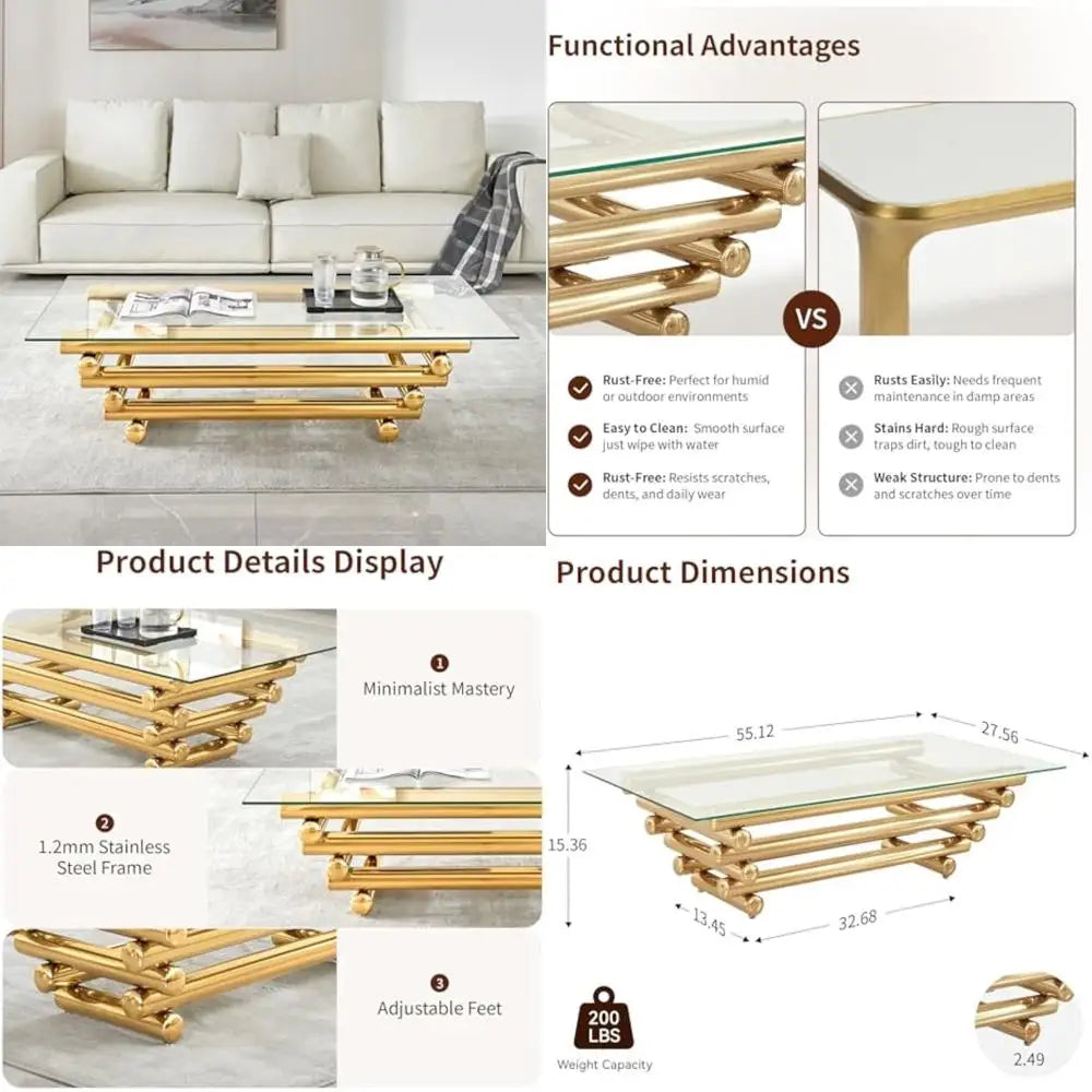 Rectangular Modern Gold Coffee Table with Tempered Glass Top and Stainless Steel Legs for Living Room