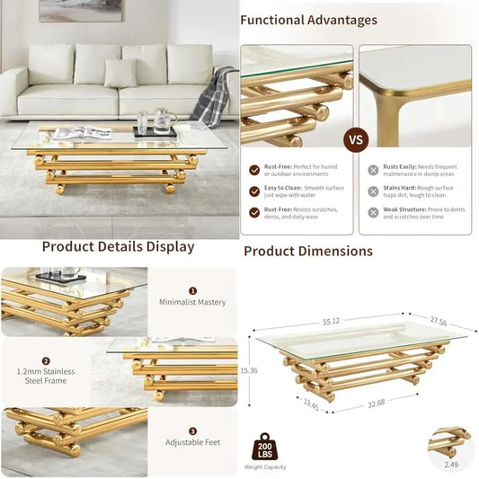 Rectangular Modern Gold Coffee Table with Tempered Glass Top and Stainless Steel Legs for Living Room