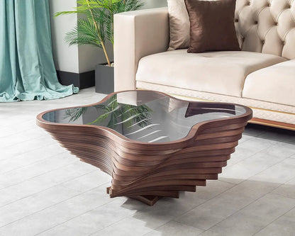 Table basse en bois en spirale avec plateau en verre, artisanale, moderne, pour salon, bureau, café, décoration, personnalisable