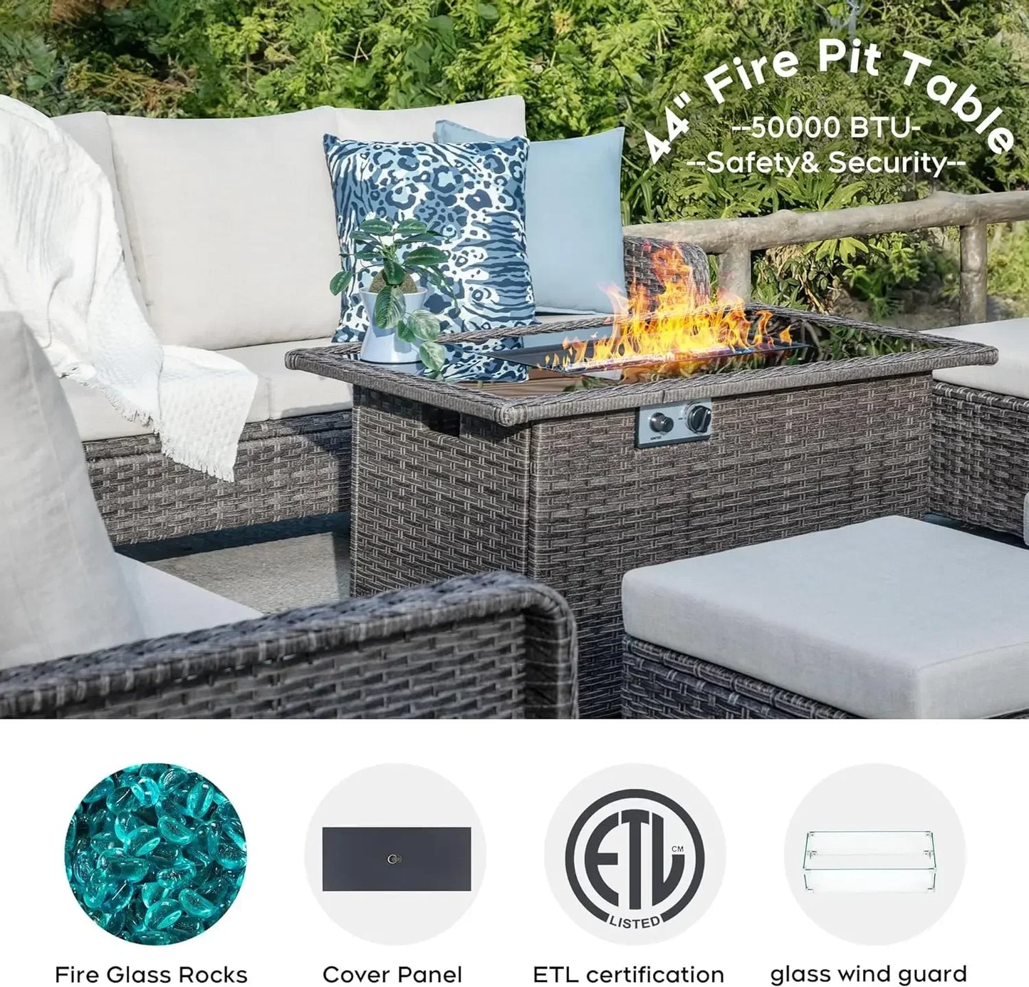Rattan Outdoor Furniture Set, 6-piece Outdoor Deep-seated Leisure Set, Including Brazier Table and Footstool