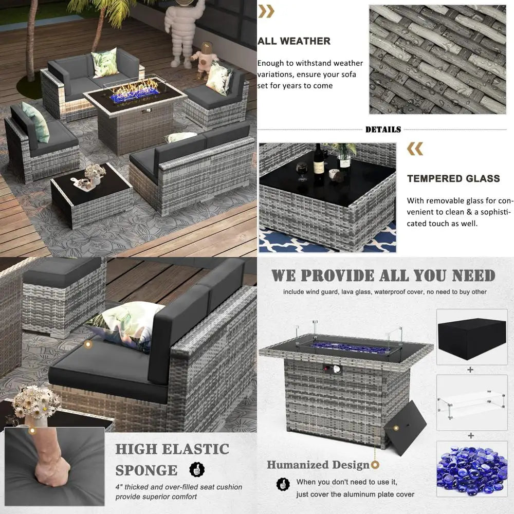 outdoor sectional wicker sofa set with propane gas fire pit table and coffee table