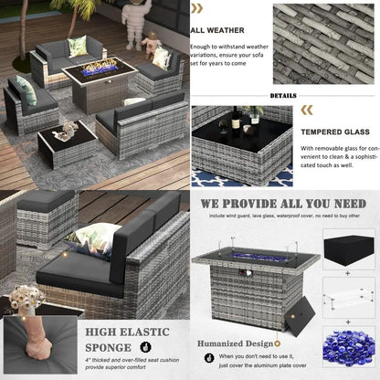 outdoor sectional wicker sofa set with propane gas fire pit table and coffee table