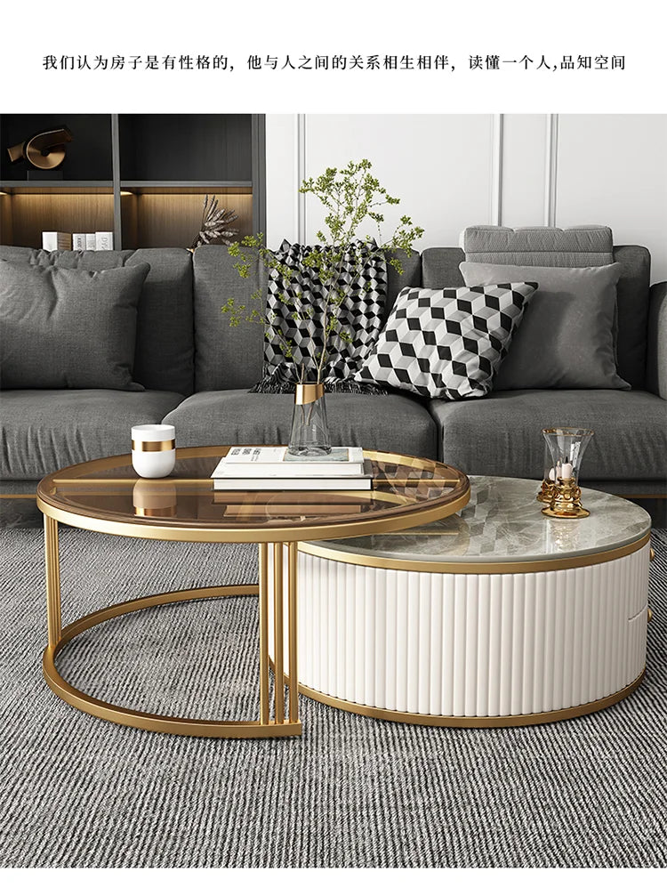 Light Luxury Stone Plate round Tea Table Small Apartment Modern Living Room Glass Coffee Table Living Room Home