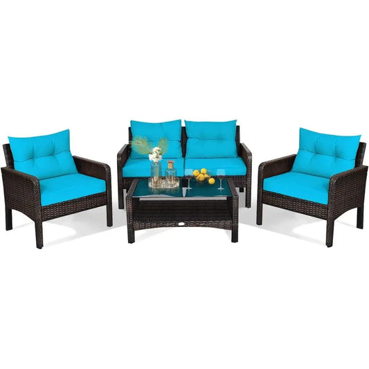 4-Piece Outdoor Wicker Patio Furniture Set with Coffee Table, Cushioned Sectional Sofa, Ideal for Garden and Poolside
