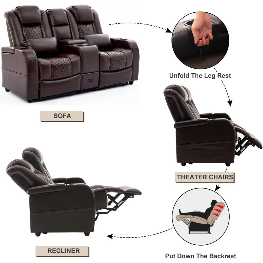 Brown Leather Loveseat Recliner with Double Recline, Center Console, and 2 Pillows for Comfortable Seating