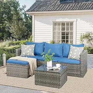 Patio Furniture Set 3 Piece Outdoor Sectional Patio Sofa, All-Weather Wicker Rattan Outdoor Furniture Set with Glass Table and
