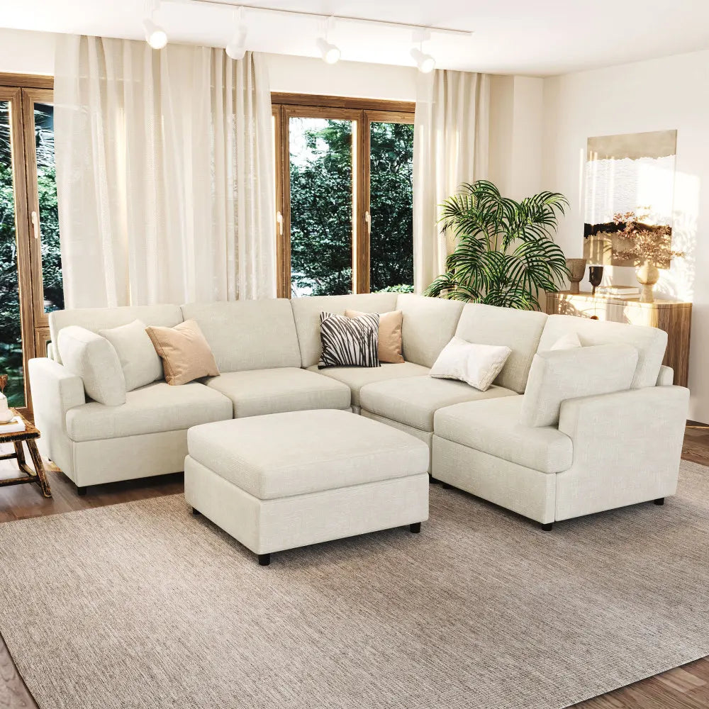 127 inch U-shaped segmented sofa with movable Ottoman style, 6-piece set of chenille fabric sofa