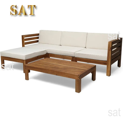 L # Alice Outdoor 5 Piece Acacia Wood Sofa Set, Teak Finish, Beige