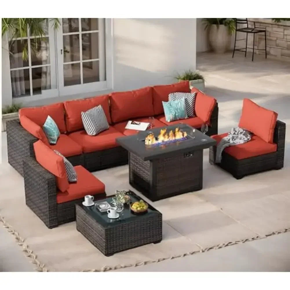 /Outdoor Furniture 7 Piece Sets with Fire Pit Table, Patio Couch Sectional with NoSlip Cushions and Cover, Outdoor Furniture S