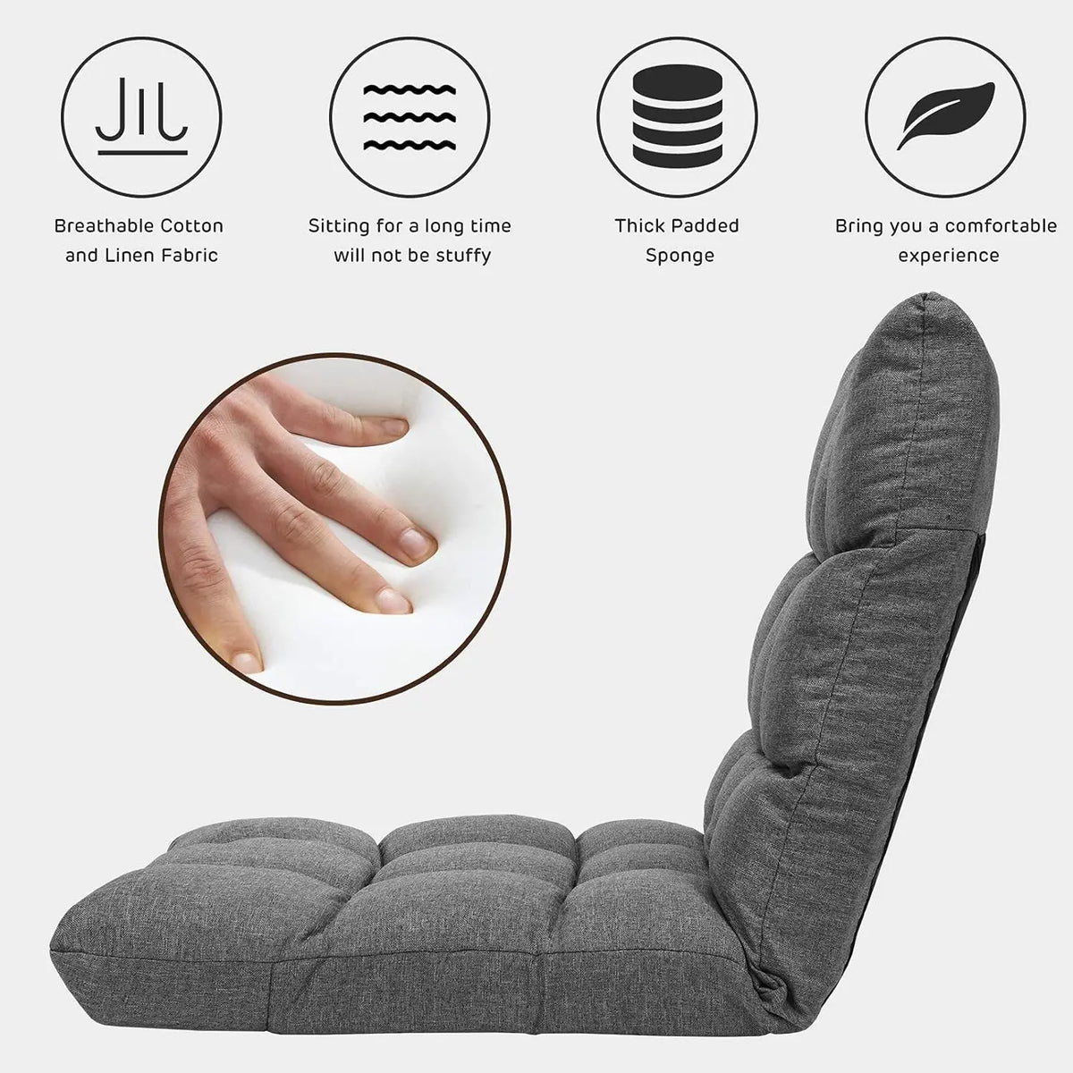 Adjustable Floor Gaming Sofa Chair 14-Position Cushioned Folding Lazy Recliner High Resilience Sponge Breathable Cotton Linen Fa