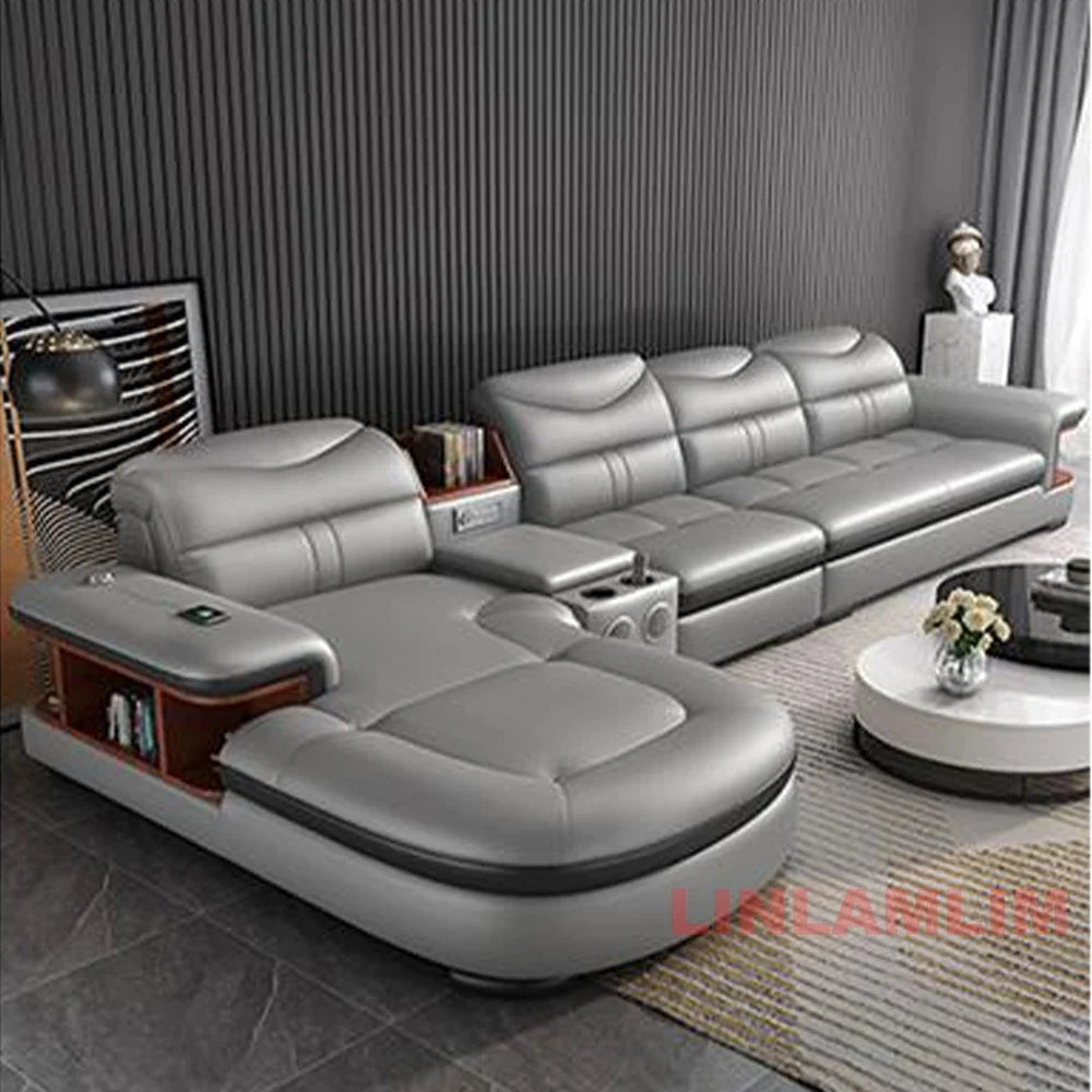 Modern L-Shaped Sectional Sofa with Chaise, Luxury Italian Genuine Leather Couch with adjustable headrest, Storage, USB, Console