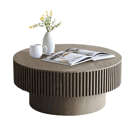 Round Coffee Table For Living Room, Accent Fluted Drum Coffee Table With Storage, Modern Solid Wood Circle Center Tea Table For