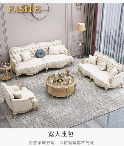Leather sofa combined living room size apartment Italian light luxury high-end luxury solid wood furniture