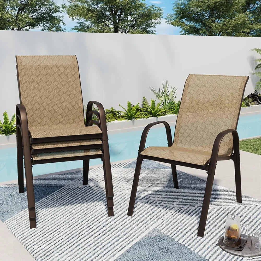 Patio Chairs Set of 4 with Armrests, Outdoor Stackable Dining Chairs with Breathable Backrest and Metal Frame for Lawn, Garden