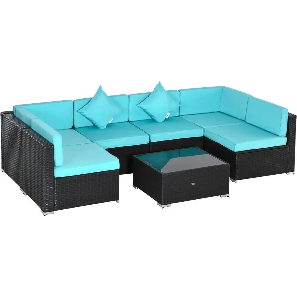 # l 7-piece outdoor furniture set, wicker dialogue set, all-weather rattan combination set, with cushion and tempered glass tabl