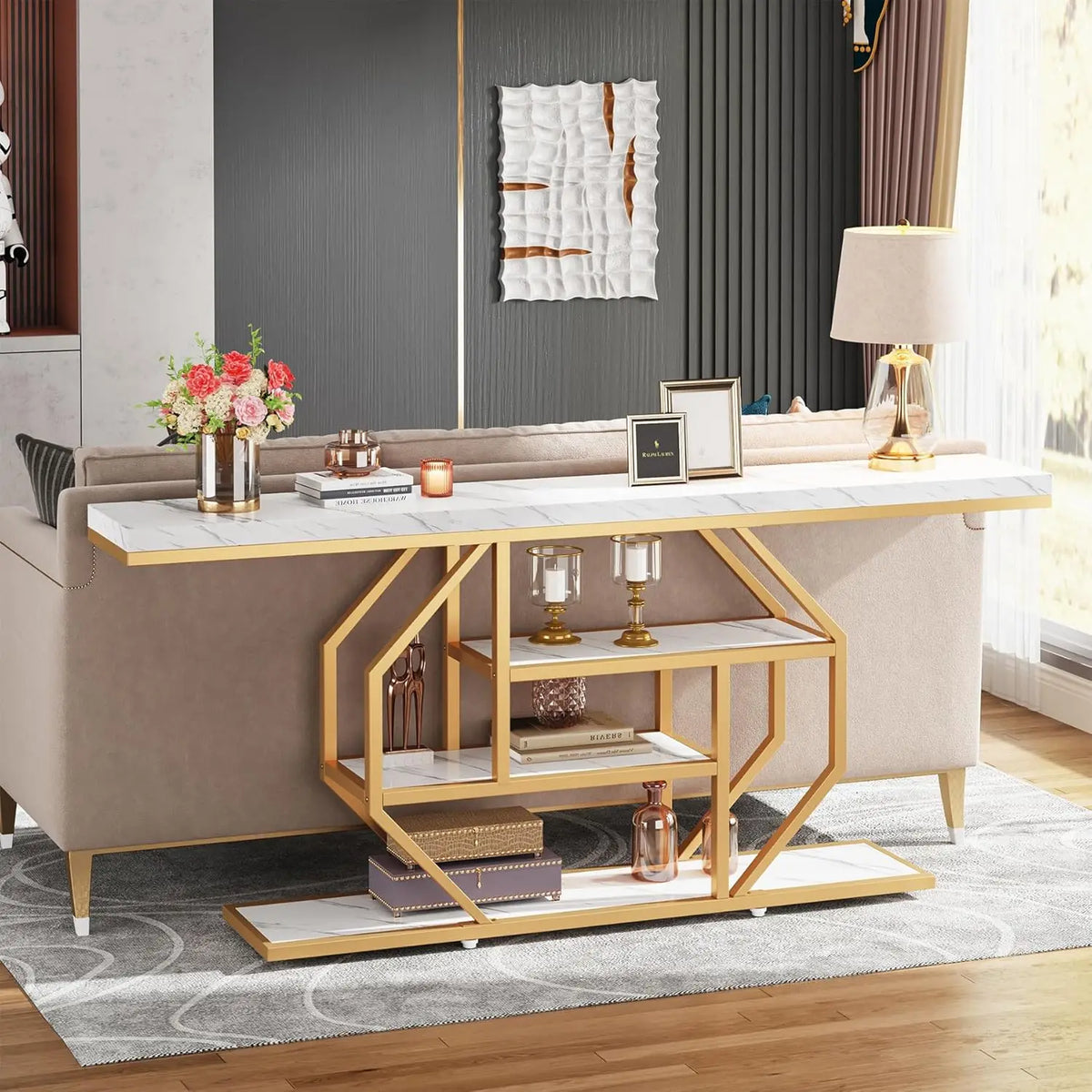 LITTLE TREE 70.9 inch Extra Long Console Table, Gold Sofa Table Behind Couch with Storage for Living Room, Hallway, Entrance