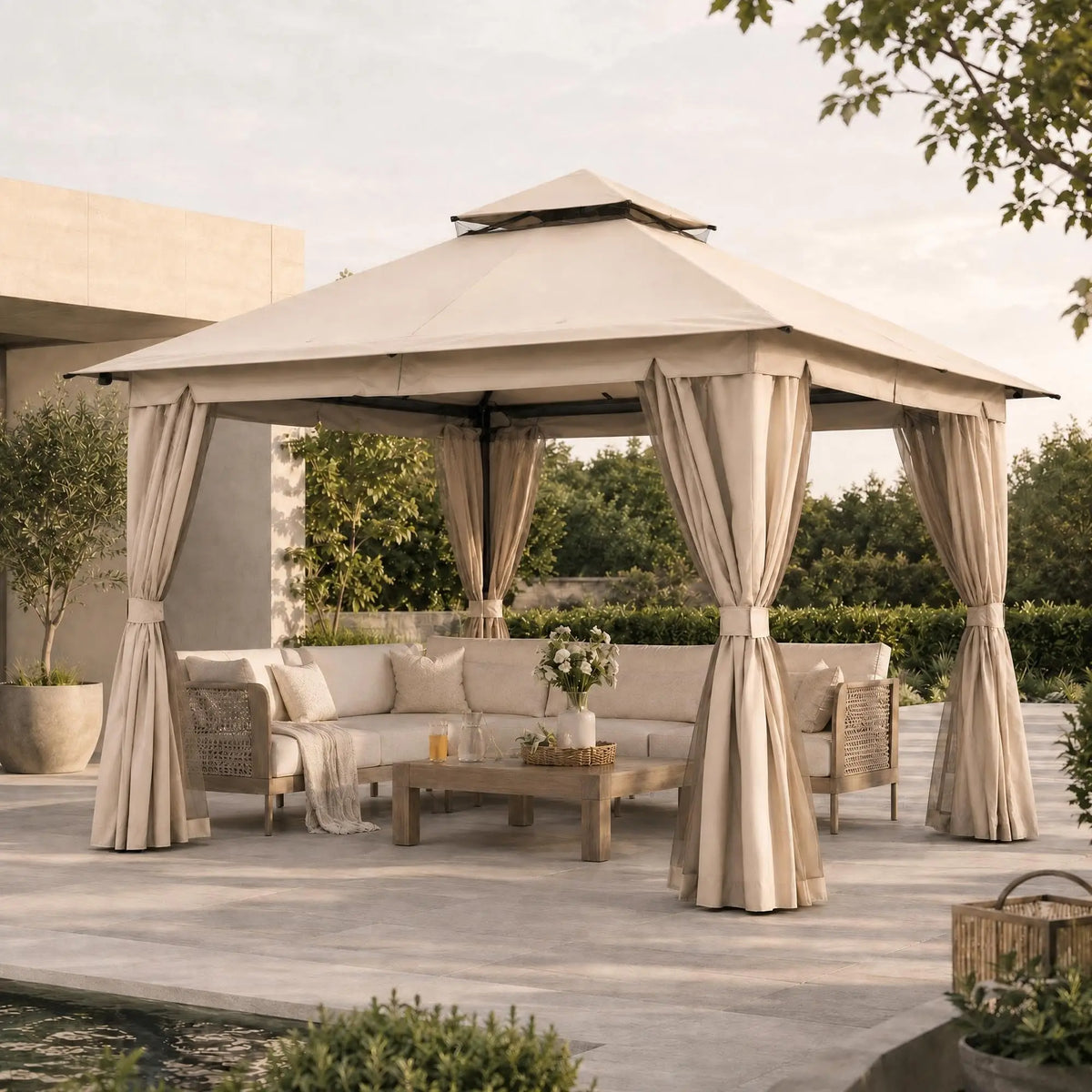 10'x13' Outdoor Gazebo, Heavy Duty Metal Patio Canopy Tent Shelter with Double Roof, Mosquito Netting & Privacy