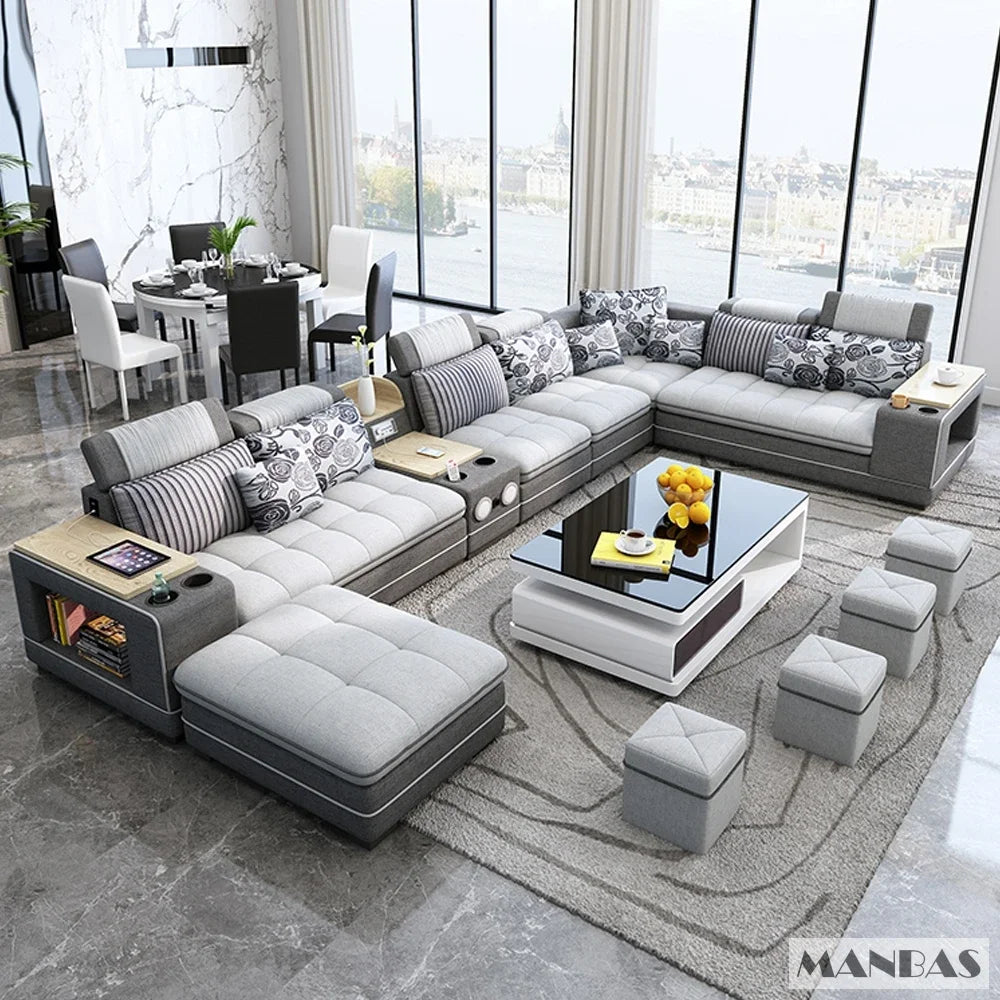 MANBAS Modern U-Shaped Fabric Sectional Sofa Set with Storage, Cup Holders, Speaker, USB, Bookshelf and Stools for Living Room