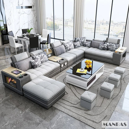 MANBAS Modern U-Shaped Fabric Sectional Sofa Set with Storage, Cup Holders, Speaker, USB, Bookshelf and Stools for Living Room