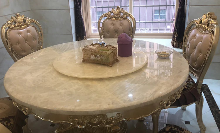 European white ice jade marble gold round dining table and chair combination European luxury solid wood dining table