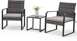 3-Piece Outdoor Patio Furniture Set: Modern Wicker Bistro Set with Rattan Chairs and Glass Coffee Table