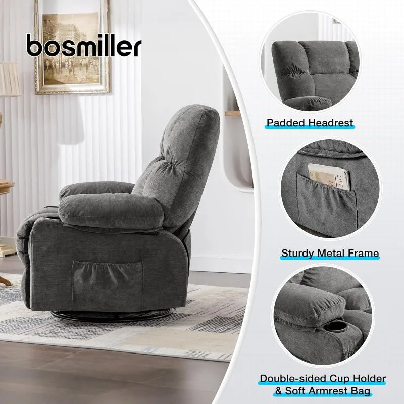 MAHOMICO Recliner Chair Oversized Swivel Rocker with Vibration Massage & Lumbar Heating, 360° Swivel, USB Charging Port
