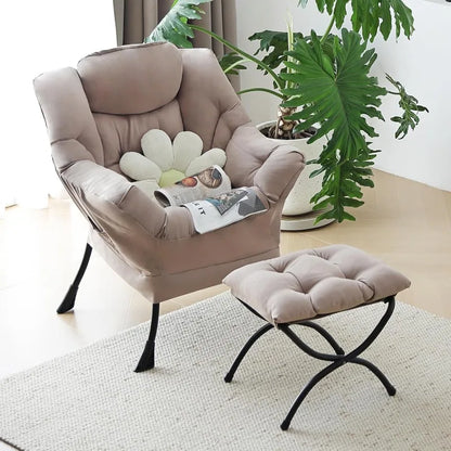 Reading Lounge Chair Set, Lazy Chair with Ottoman & Pocket, Khaki Upholstered