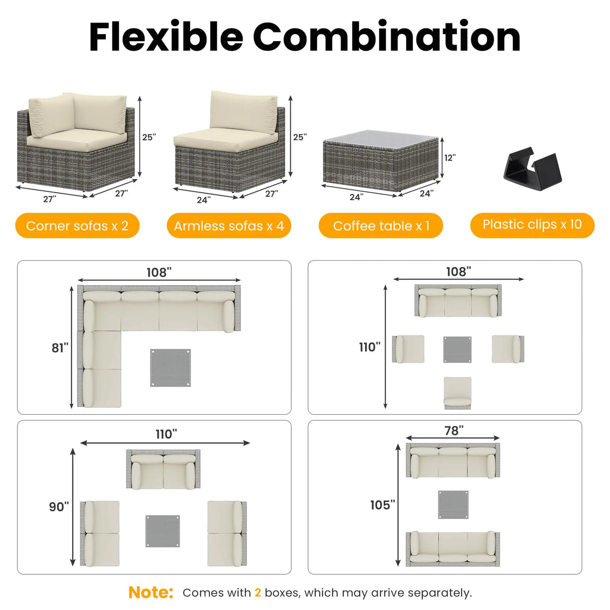 7-Piece Modular Garden Furniture Set, Wicker Outdoor Combination Sofa, With All-Weather Garden Session Set