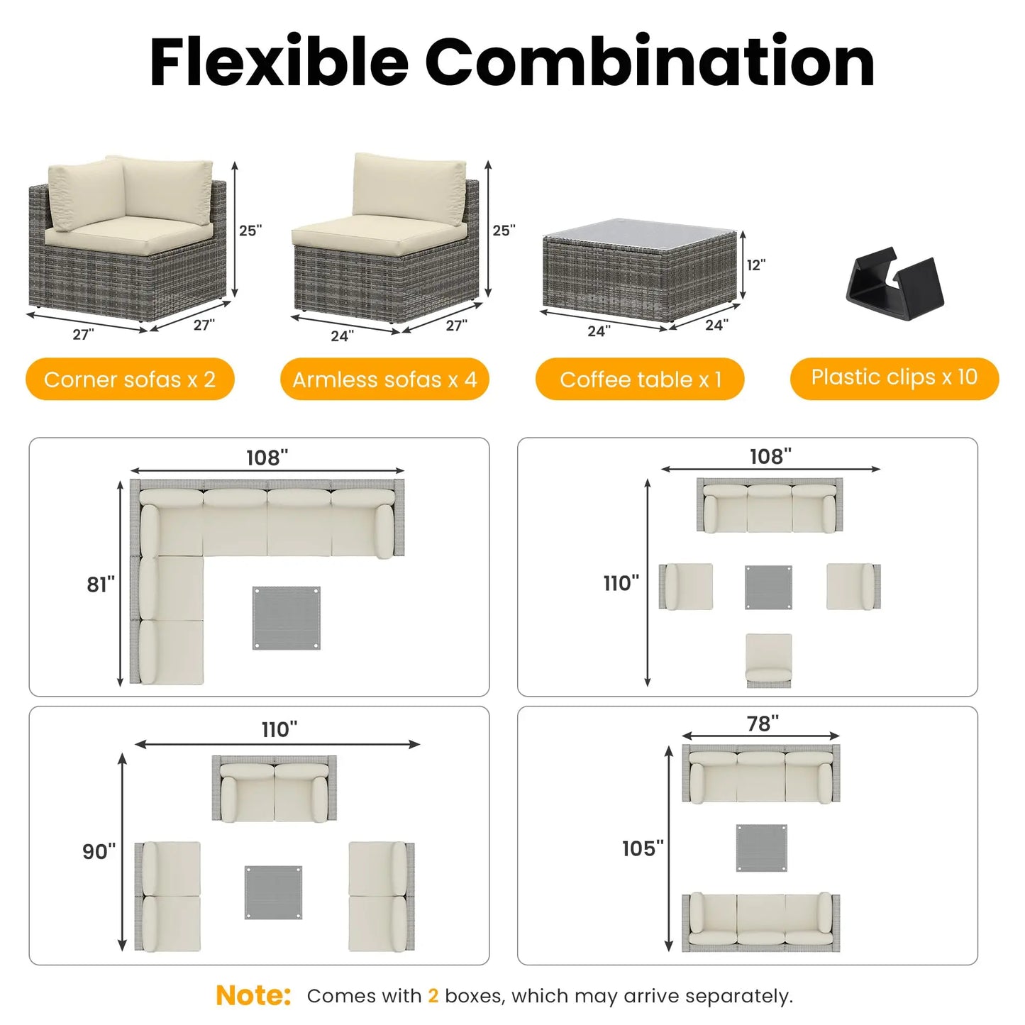 7-Piece Modular Garden Furniture Set, Wicker Outdoor Combination Sofa, With All-Weather Garden Session Set