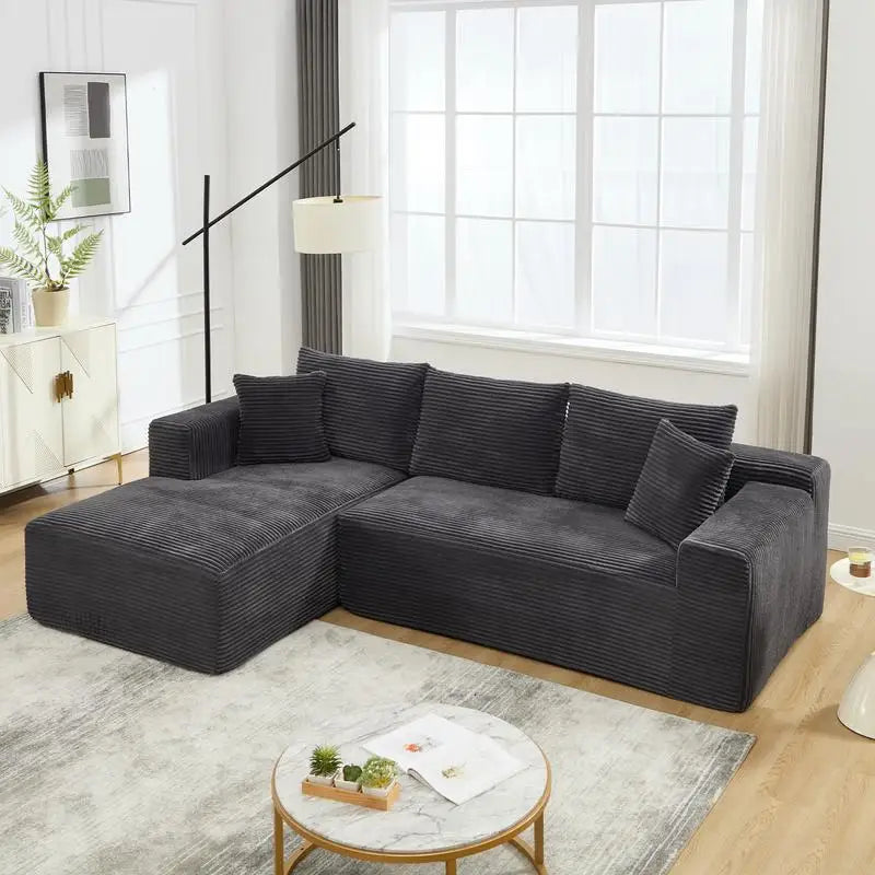 L-Shaped Modular Sectional Sofa Couch, 3-Seat Memory Foam Couch for Living Room, Oversized Chaise in Gray with Stripe (Left