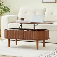 Fluted Lift Top Coffee Table, Hidden Compartment, Modern Oval Wooden Table, Walnut