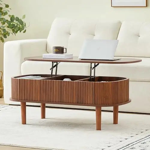 Fluted Lift Top Coffee Table, Hidden Compartment, Modern Oval Wooden Table, Walnut