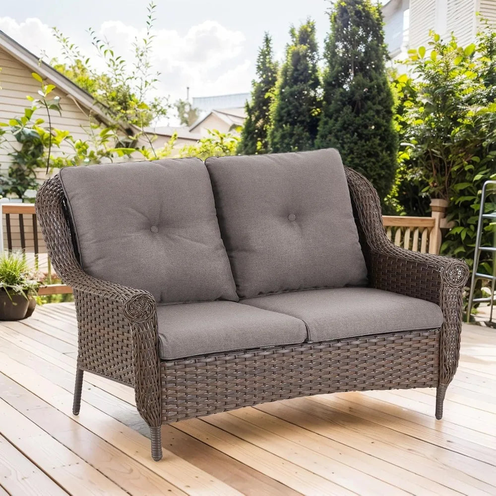 Wicker Sofa Brown Rattan Loveseat Outdoor Couch with Chrysanthemum Armrest & Water Resistant Cushions Sofa for Garden Balcony