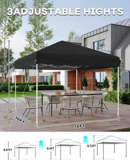 10x10 FT Pop Up Canopy Tent with 3 Adjustable Heights – Outdoor Sun Shade Shelter, 4 Sandbags & Carry Bag, for Parties & Events