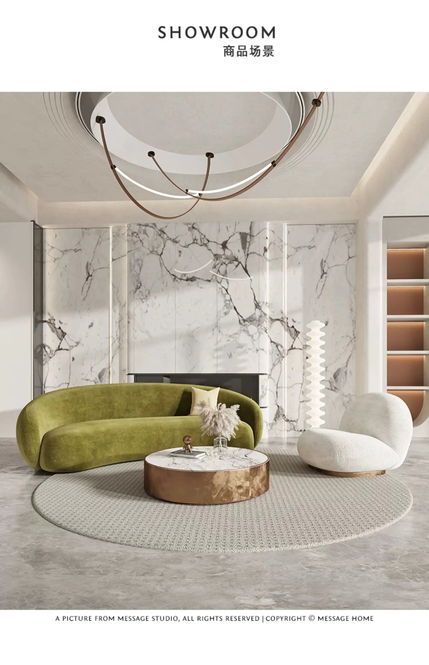 Margery Moon Minimalist Creative Living Room Sitting Area Reception Pea Lamb Fleece Curved Cashew Fabric Sofa