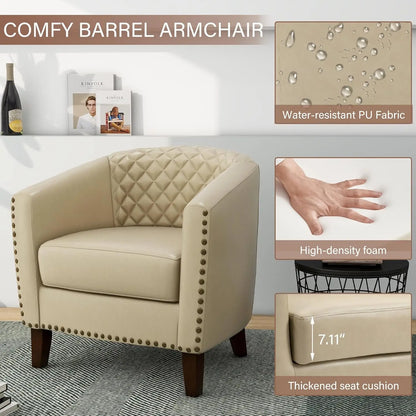 Faux Leather Barrel Accent Chairs Set of 4, Modern Club Arm Chair Comfy Upholstered Single Sofa Chair, Beige