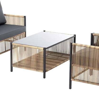 All-Weather Outdoor Wicker Sofa Set with Coffee Table and Cushions, Suitable for Patio, Garden, Backyard, Brown & Grey