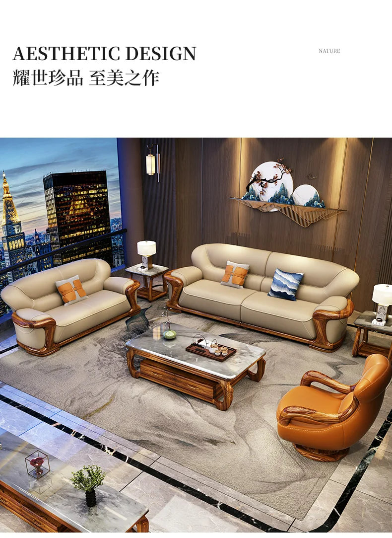 TQQ new Chinese ebony sofa villa large flat solid wood sofa high-end living room furniture leather sofa