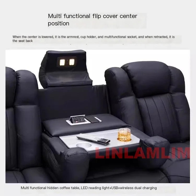 Luxury Dual Motors Power Reclining Sofa with LED Lighting, USB, Hidden Storage, Fold-Down Table & Tray – 3-Seat Recliner Sofa