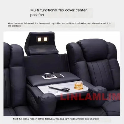 Luxury Dual Motors Power Reclining Sofa with LED Lighting, USB, Hidden Storage, Fold-Down Table & Tray – 3-Seat Recliner Sofa