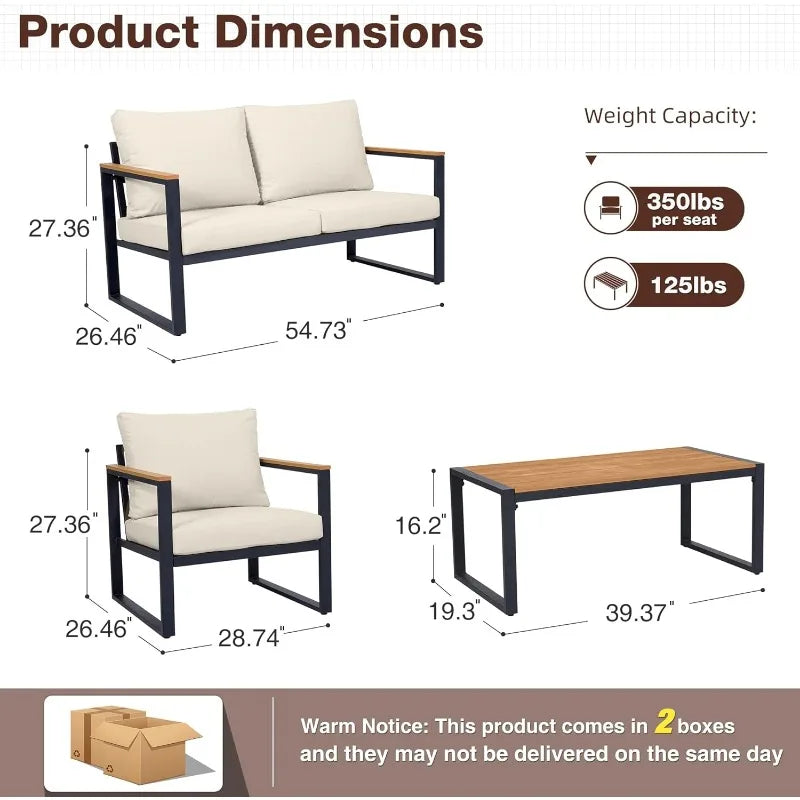 Patio Furniture Set, 4 Pieces Outdoor Patio Furniture with Coffee Table Set, Metal Patio Conversation Sets with Washable and