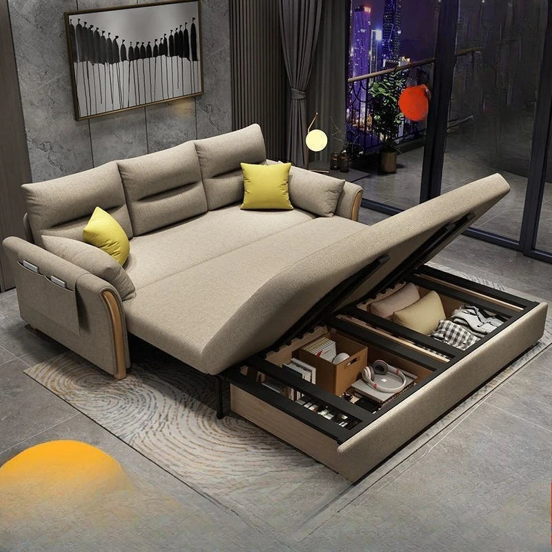 Multifunctional foldable sofa bed dual-purpose retractable small apartment storage single push-pull bed technology fabric